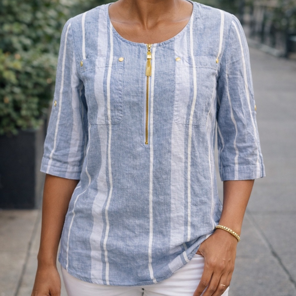Ellen Tracy 100% Linen Striped Top – Gold Zip &‎ Button Detail – Size M